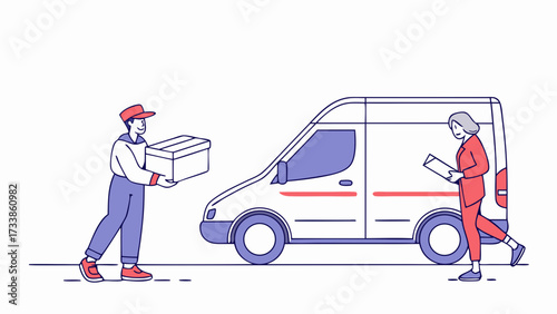 Delivery person hands package to woman by van courier