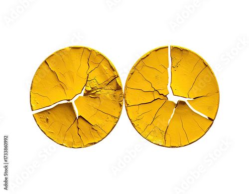 Two cracked yellow circles on black, showing texture and sharp lines