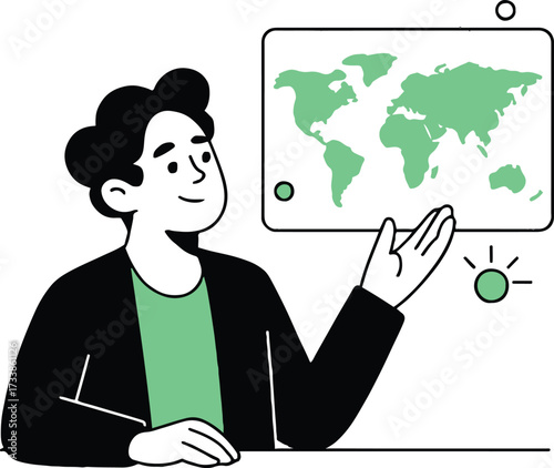 Vector art of a man with dark hair is presenting a world map, gesturing towards it with enthusiasm, , showcasing global awareness