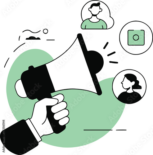 Vector art of a hand is holding a megaphone, surrounded by people icons, the megaphone is announcing a message to the audience