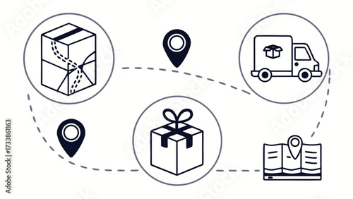 Delivery service icons with map and truck shipping