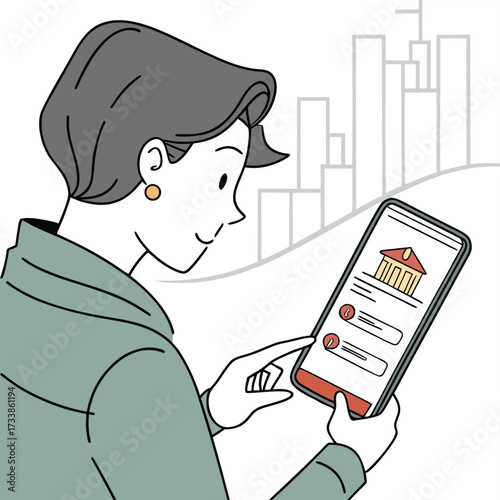 Financial Application on a Tablet: A modern illustration depicts a woman intently using a tablet to interact with a financial application.