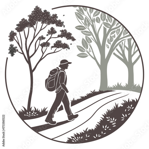 Journey's Embrace: An illustration captures a silhouette of a hiker trekking along a winding path, framed by stylized trees, invoking a sense of exploration and tranquility.