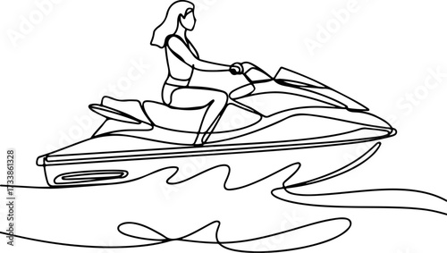 Woman riding a jet ski on the water, drawn with a continuous line, active lifestyle