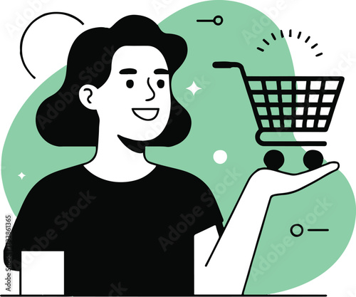 Vector art of a woman is presenting a shopping cart, symbolizing online shopping and ecommerce, , showcasing convenience and ease