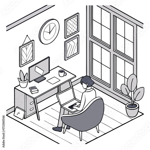 Workspace Isometric: A modern workspace is rendered in a clean, isometric illustration style. The scene shows a person at a desk, engrossed in work with a laptop.