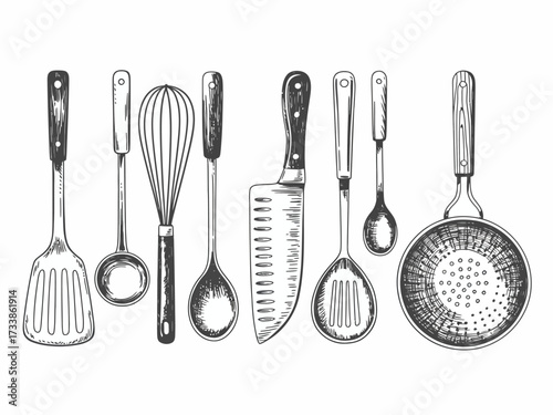Hand Drawn Kitchen Utensils Sketch Illustration of Culinary Tools for Cooking and Baking Recipes Restaurant Decor and Food Preparation