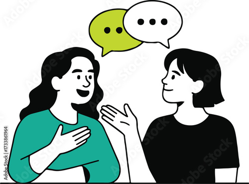 Vector art of two women are talking to each other, with speech bubbles above their heads, they are having a conversation and sharing ideas