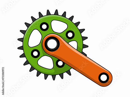 Illustration of a bicycle crankset with green chainring and orange crank arm on white background for cycling or transportation