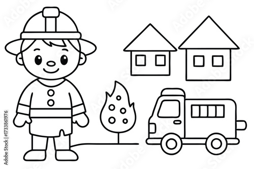 Cartoon Fireman and Fire Truck Line Art