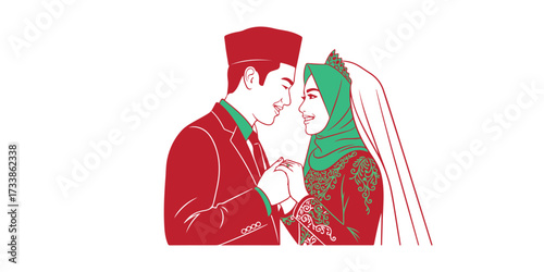 A stylized illustration of a Muslim bride and groom in traditional wedding attire, their foreheads touching in a tender embrace.