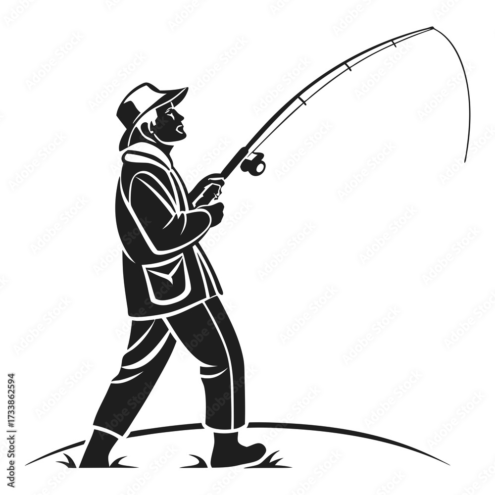 Obraz premium Fisherman silhouette casting rod on grassy bank fishing