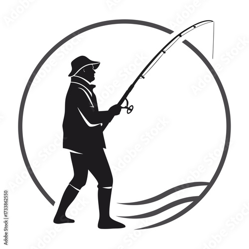 Fisherman silhouette casting rod in circular frame with waves