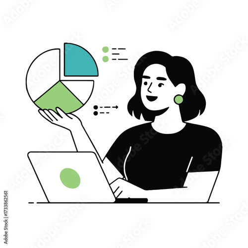 Vector art of a woman is presenting a pie chart on her laptop, she is wearing a black shirt and green earrings, and she is smiling happily