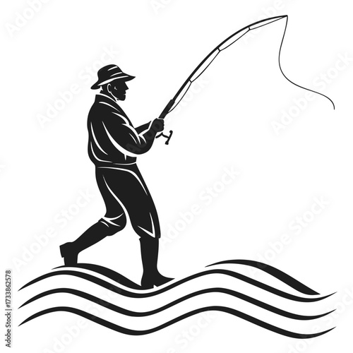 Fisherman silhouette casting a fishing rod on wavy water