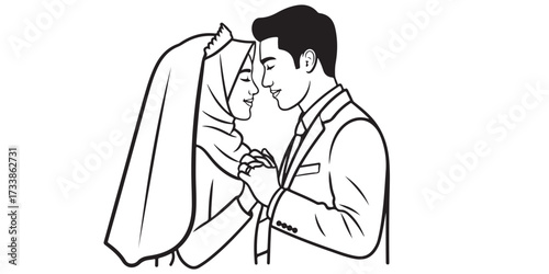 Muslim couple holding hands in wedding attire