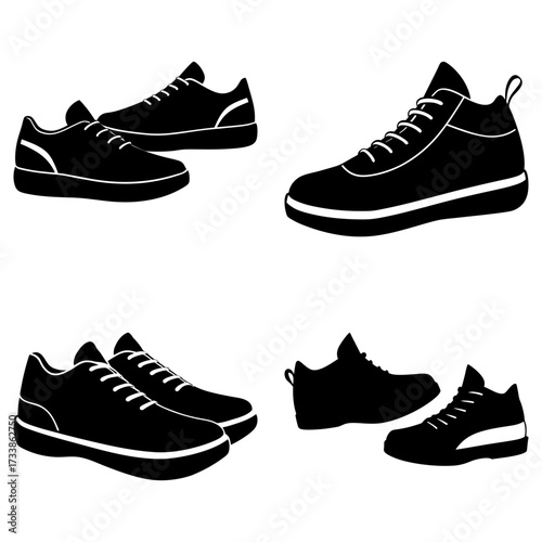 Silhouette illustration of four pairs of sneakers with different styles and shapes on a white background