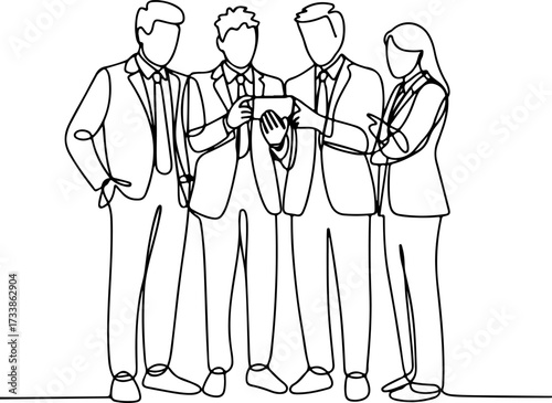A team of business professionals collaborating around a tablet, drawn in a continuous one-line art style