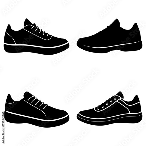 Silhouette illustration of four different styles of sneakers or athletic shoes in black and white color scheme
