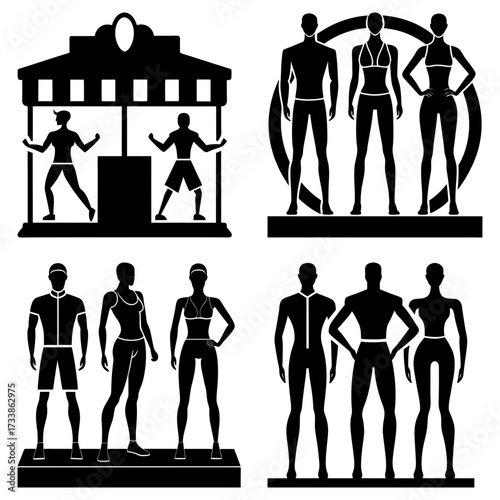 Black and white silhouette of people in various poses and settings on display stands and in a building