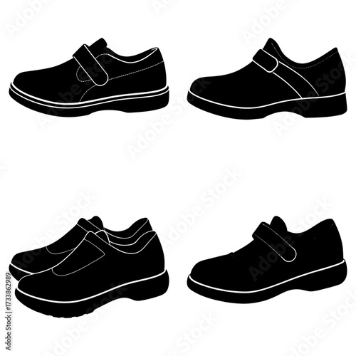 Four illustrations of black shoes with straps and white trim on a white background in a simple design