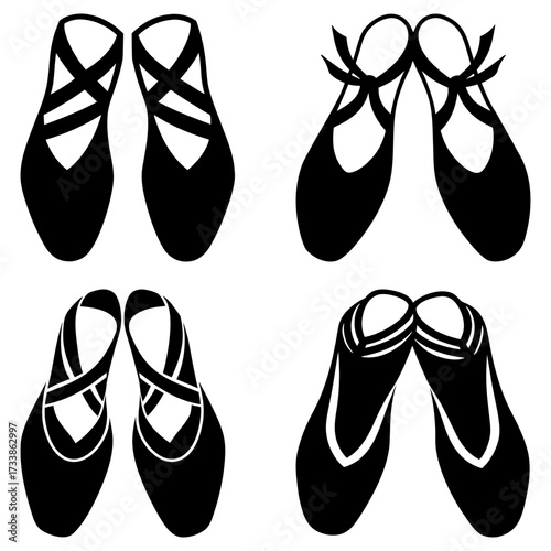 Four pairs of ballet shoes in black silhouette showcasing different styles of ribbons and shoe designs