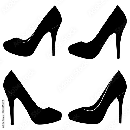 Four black high heel shoes arranged in a square pattern on a white background showing elegance and style
