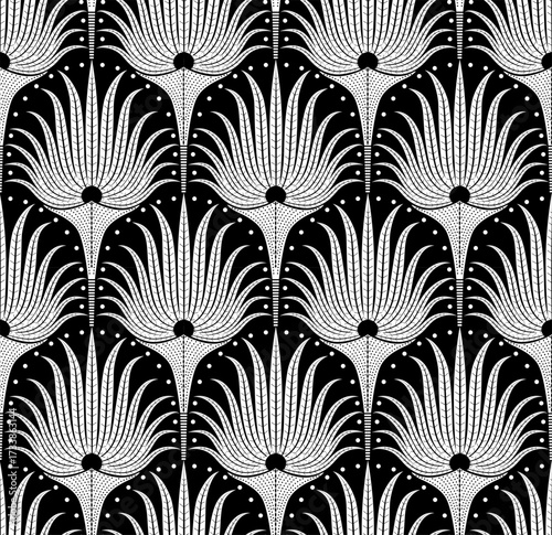 art deco palm leaves fans scallops in black and white seamless pattern, vector illustration repeat design print