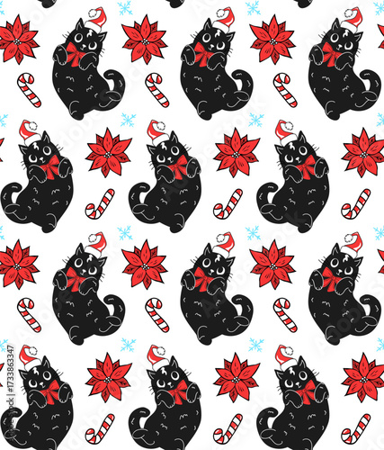 merry christmas winter holidays  festive seamless pattern with black cats candy canes snowflakes santa hats and poinsettia blooms in black white red, vector illustration repeat design print