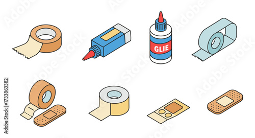 Isometric office and first aid supplies including tape, glue, and bandages