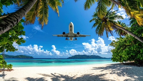 Summer vacation travel to an island paradise via airplane landing. Enjoy the tropical beach, turquoise sea, and clear sky.  flight destination for tourism, featuring palm trees and endless ocean