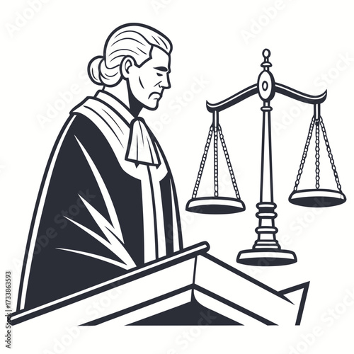 Judge in robe with scales of justice and lectern legal