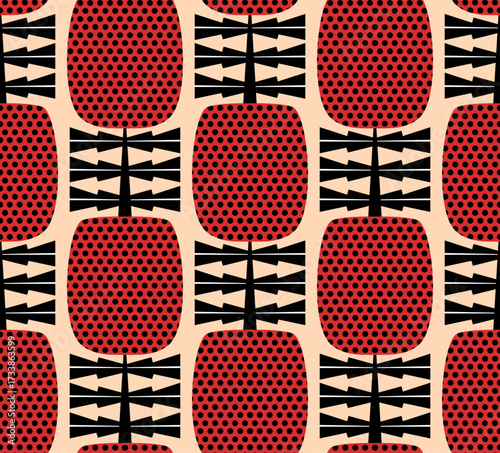 modern abstract geometric australian bottlebrush plant flowers in red  black beige seamless pattern, vector illustration repeat design print