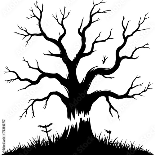 Eerie, gnarled bare tree silhouette standing on a grassy mound, an iconic symbol for Halloween, mystery, and desolate landscapes