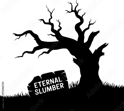 Eternal Slumber A Silhouette of a Bare Tree and Tombstone on a Dark Night