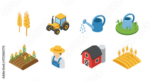 Isometric farming icons: tractor, barn, crops, and watering can with farmer