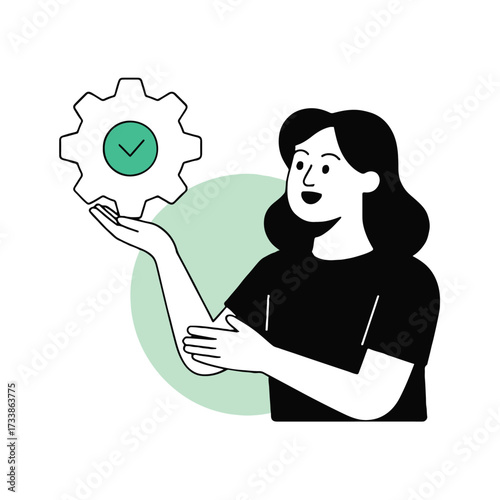 Vector art of a woman is holding a gear with a checkmark on it, representing a successful process or solution, she is smiling and looking happy