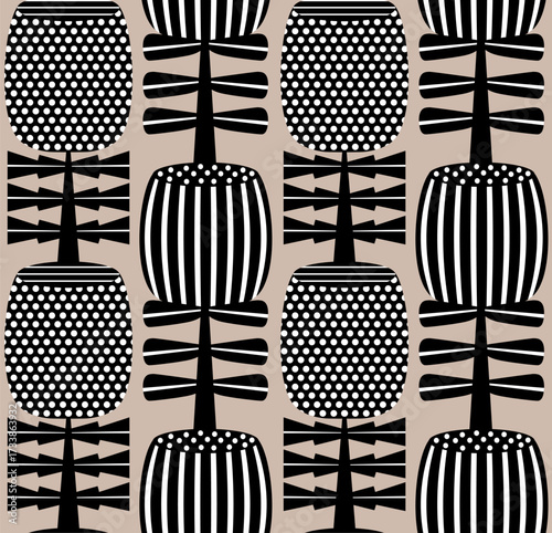 modern abstract geometric australian bottlebrush plant flowers in black white on greige  background seamless pattern, vector illustration repeat design print