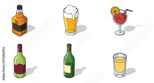 Isometric beverage collection: whiskey, beer, cocktail, wine, juice