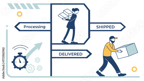 Logistics process flow with people and boxes shipping
