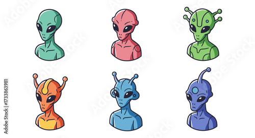 Colorful cartoon alien portraits in unique styles featuring antennas and expressions
