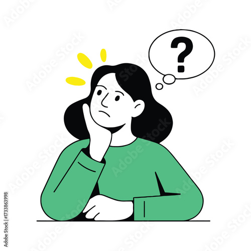 Vector art of a woman is thinking with a question mark in a thought bubble, representing confusion or uncertainty, she is frowning and looking puzzled