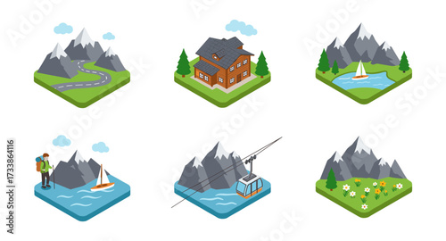 Isometric mountain landscapes with hiking, sailing, and skiing adventures