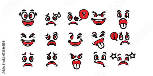 A set of hand-drawn cartoon faces with exaggerated features, displaying a range of emotions from joy to anger.