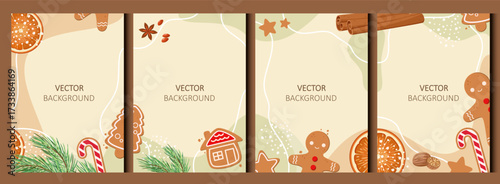 A set of festive abstract posters with gingerbread cookies. Vector.
