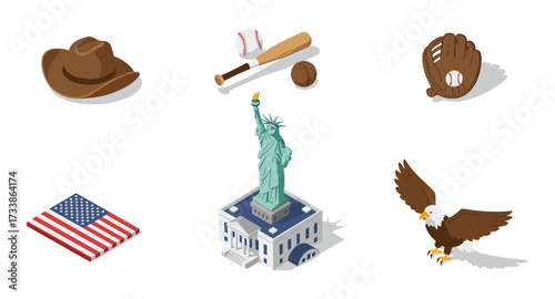 Isometric american icons: liberty, baseball, and symbols of patriotism