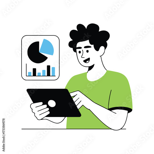 Vector art of a man is holding a tablet and looking at a chart, with a pie chart and bar graph in the background