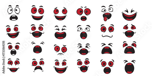 A grid of 25 hand-drawn cartoon faces, each displaying a different exaggerated emotion with red eyes and open mouths.rint