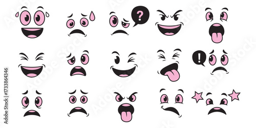 Collection of vintage cartoon faces expressing various emotions