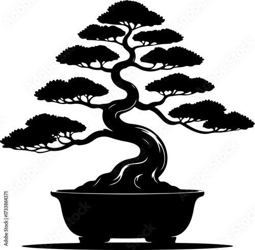 Elegant miniature bonsai tree silhouette illustration capturing the serene beauty and artistic discipline of nature